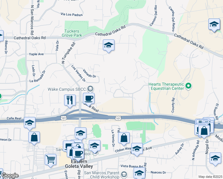 map of restaurants, bars, coffee shops, grocery stores, and more near 413 Grenoble Road in Santa Barbara