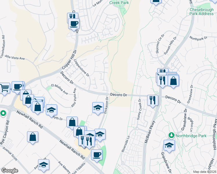 map of restaurants, bars, coffee shops, grocery stores, and more near 27926 Cherry Blossom Court in Santa Clarita