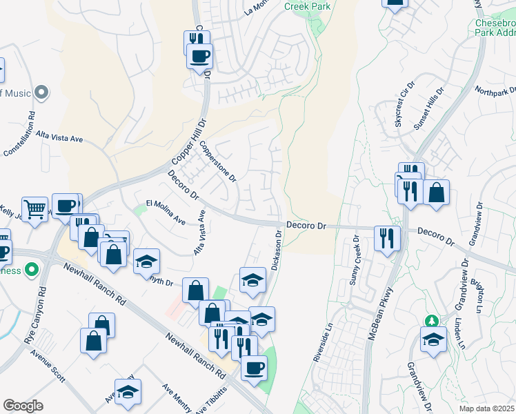 map of restaurants, bars, coffee shops, grocery stores, and more near 27924 Periwinkle Lane in Santa Clarita