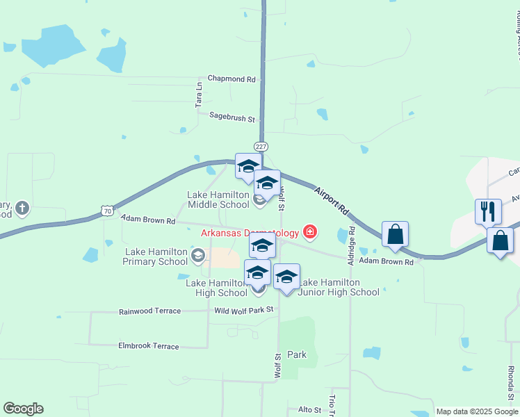 map of restaurants, bars, coffee shops, grocery stores, and more near 120 Wolf Street in Pearcy