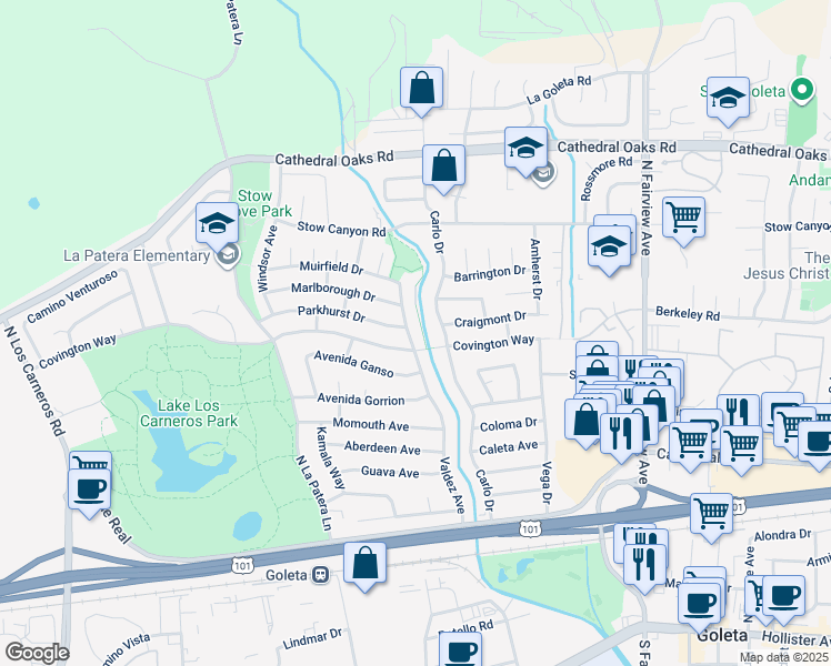 map of restaurants, bars, coffee shops, grocery stores, and more near 414 Valdez Avenue in Goleta