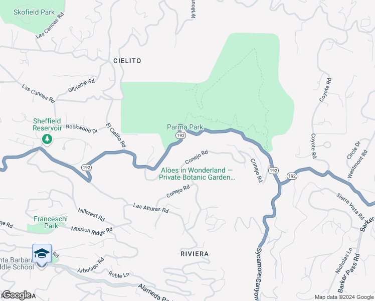 map of restaurants, bars, coffee shops, grocery stores, and more near 225 Conejo Road in Santa Barbara