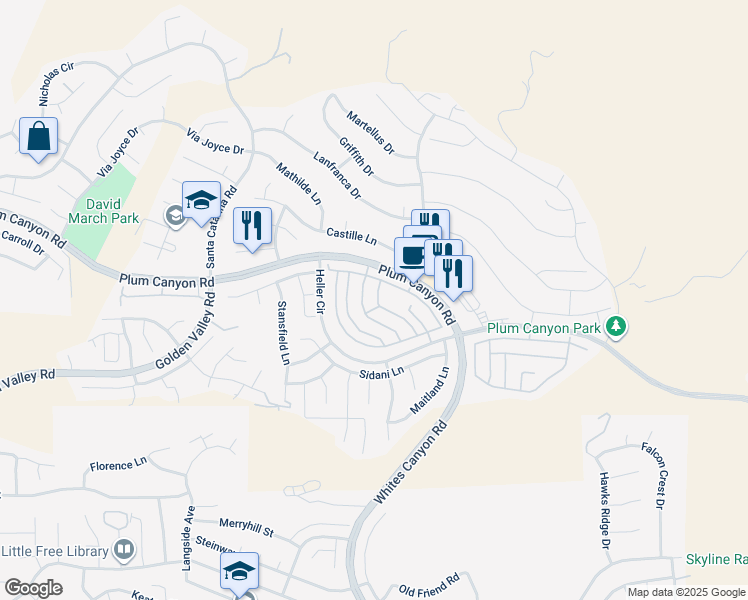 map of restaurants, bars, coffee shops, grocery stores, and more near 28427 Casselman Lane in Santa Clarita