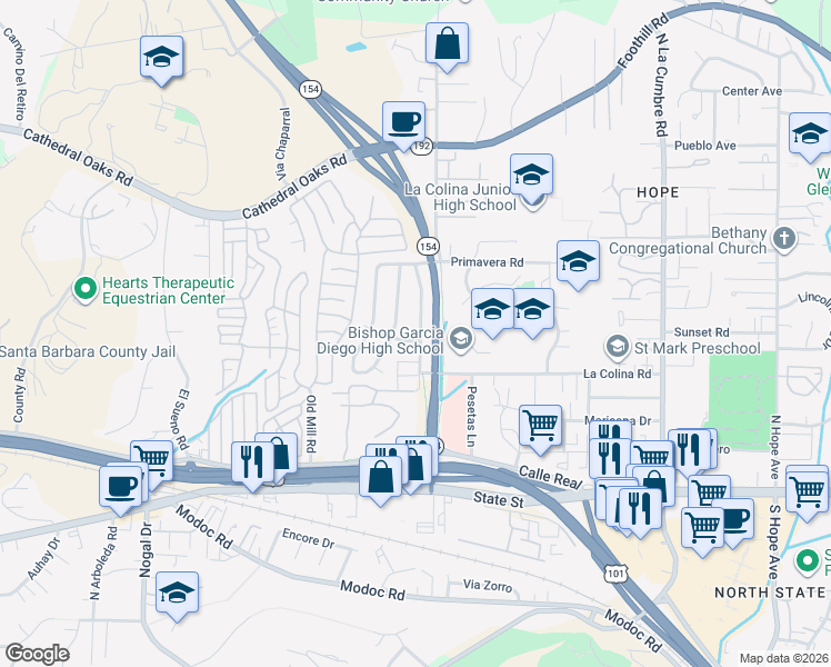 map of restaurants, bars, coffee shops, grocery stores, and more near 415 Verano Drive in Santa Barbara