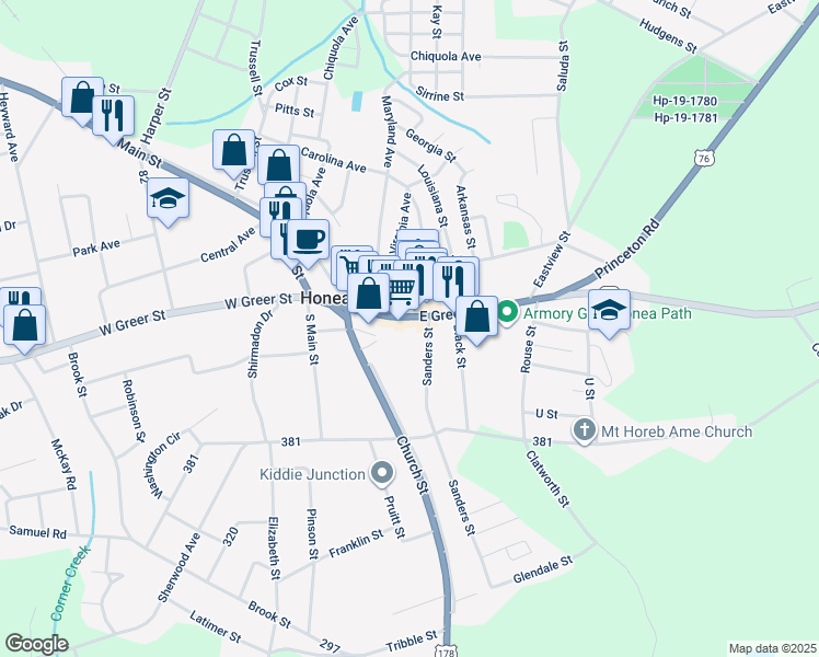 map of restaurants, bars, coffee shops, grocery stores, and more near 303 U.S. 76 in Honea Path