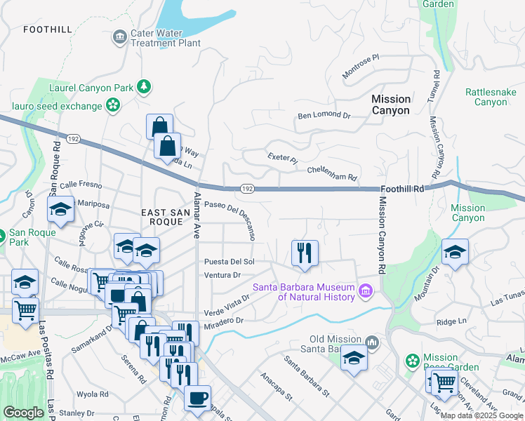 map of restaurants, bars, coffee shops, grocery stores, and more near 2932 La Combadura Road in Santa Barbara