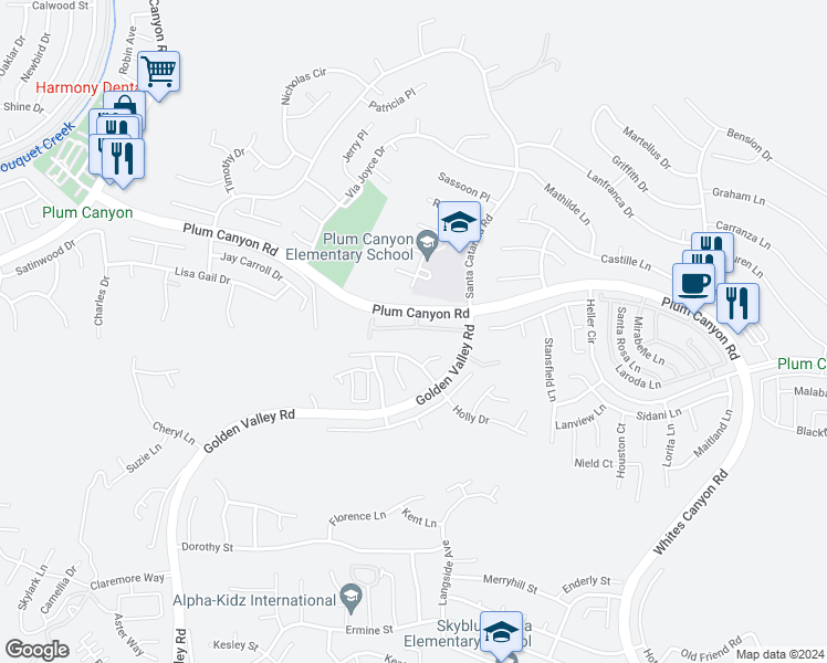 map of restaurants, bars, coffee shops, grocery stores, and more near 20000 Plum Canyon Road in Santa Clarita