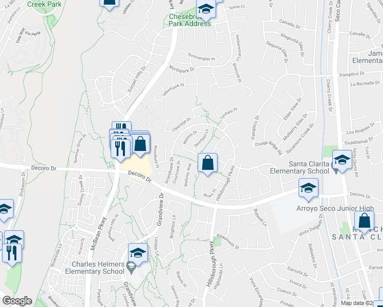 map of restaurants, bars, coffee shops, grocery stores, and more near 23462 West Riversbridge Way in Santa Clarita