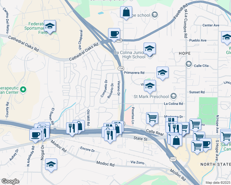 map of restaurants, bars, coffee shops, grocery stores, and more near 415 Rosario Drive in Santa Barbara