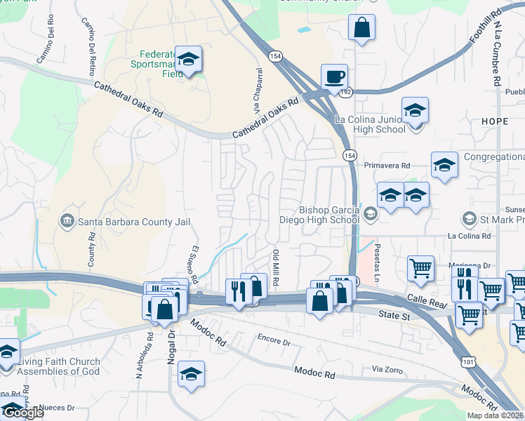 map of restaurants, bars, coffee shops, grocery stores, and more near 333 Old Mill Road in Santa Barbara