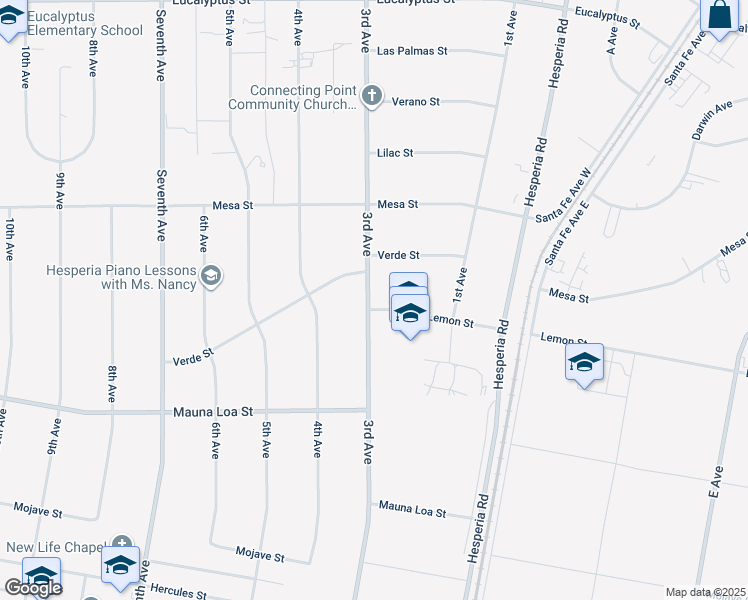 map of restaurants, bars, coffee shops, grocery stores, and more near 10715 3rd Avenue in Hesperia