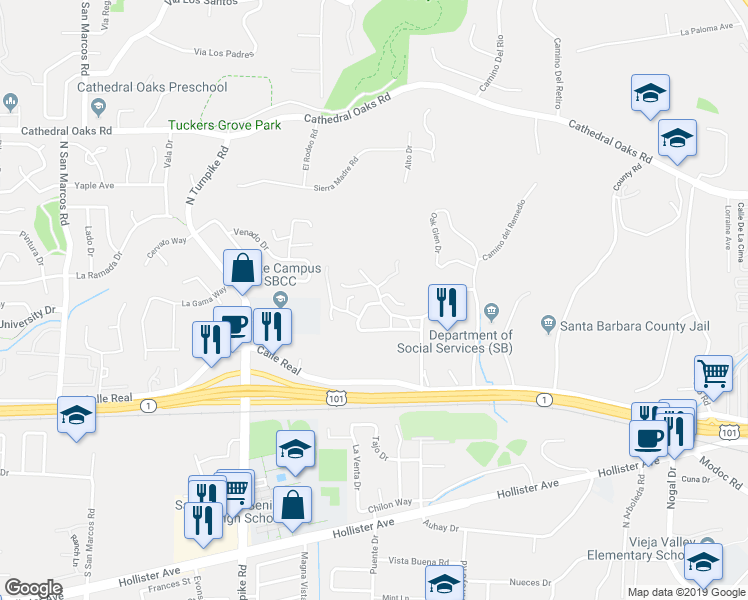 map of restaurants, bars, coffee shops, grocery stores, and more near 4678 Gerona Way in Santa Barbara