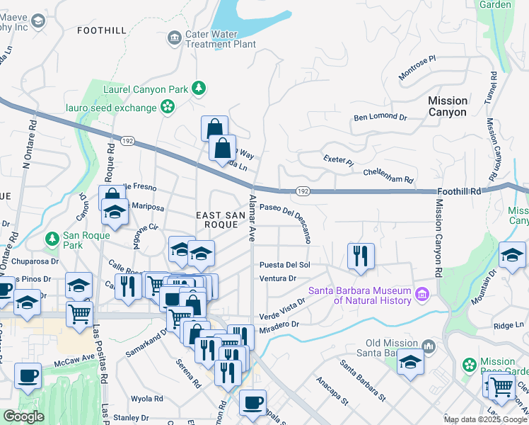 map of restaurants, bars, coffee shops, grocery stores, and more near 486 Paseo Del Descanso in Santa Barbara