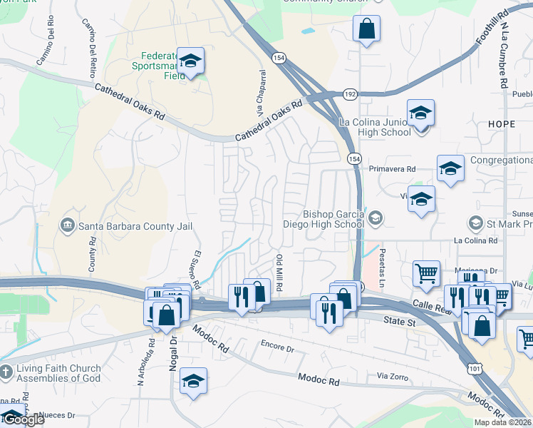 map of restaurants, bars, coffee shops, grocery stores, and more near 333 Old Mill Road in Santa Barbara