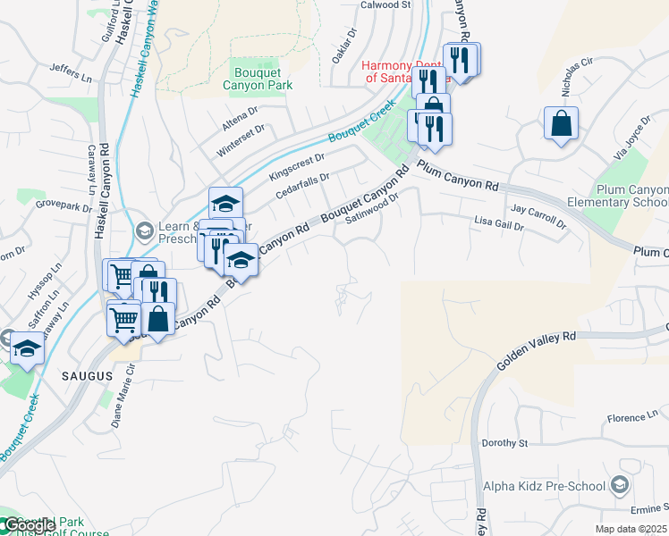 map of restaurants, bars, coffee shops, grocery stores, and more near 20906 Susan Carole Drive in Santa Clarita