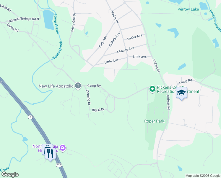 map of restaurants, bars, coffee shops, grocery stores, and more near 113 Spring Place Drive in Jasper
