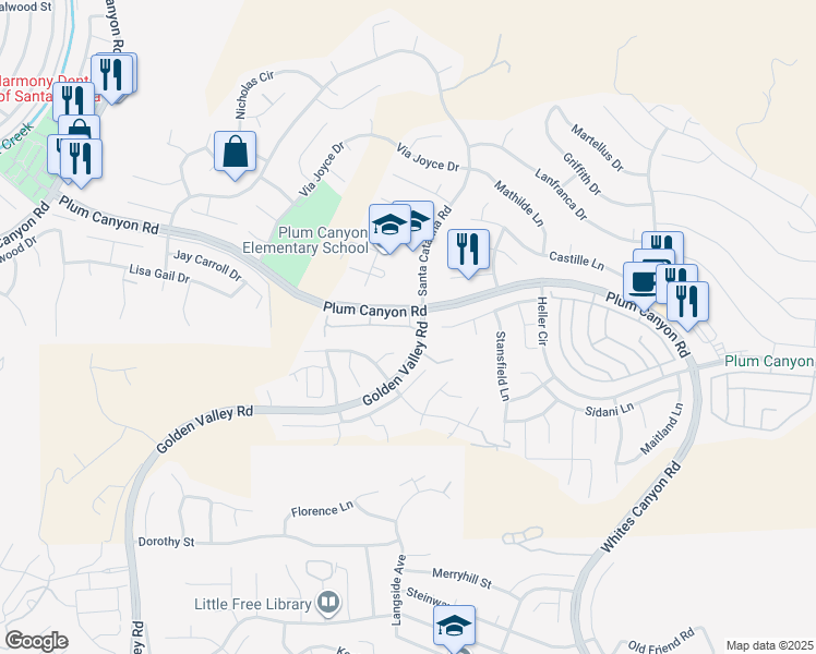 map of restaurants, bars, coffee shops, grocery stores, and more near 20000 Plum Canyon Road in Santa Clarita