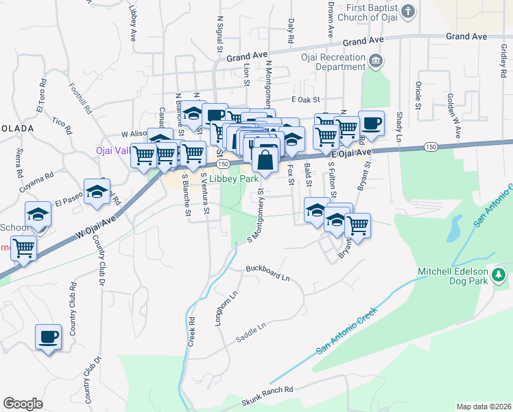 map of restaurants, bars, coffee shops, grocery stores, and more near 251 South Montgomery Street in Ojai