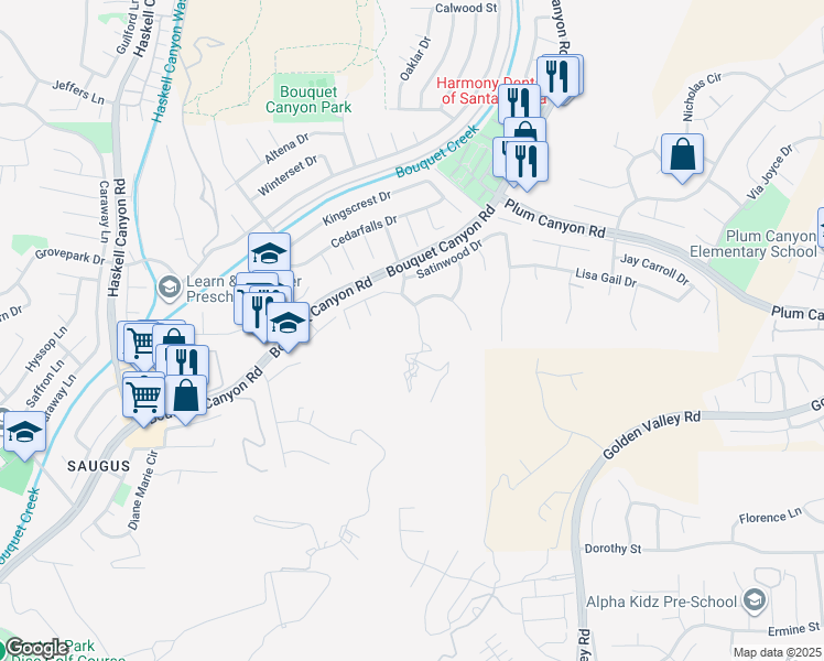 map of restaurants, bars, coffee shops, grocery stores, and more near 20906 Susan Carole Drive in Santa Clarita