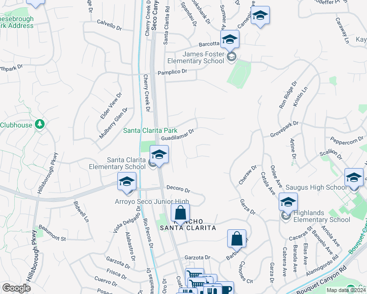 map of restaurants, bars, coffee shops, grocery stores, and more near 22567 Tula Drive in Santa Clarita