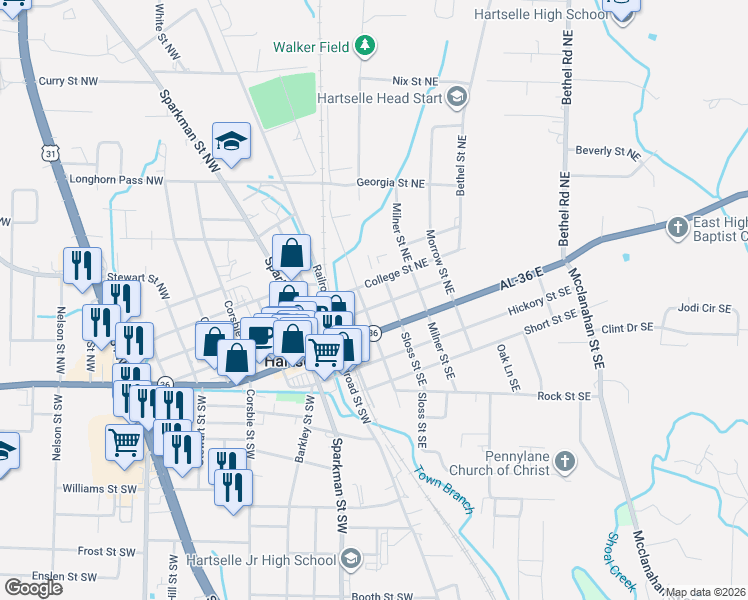 map of restaurants, bars, coffee shops, grocery stores, and more near 200 College Street Northeast in Hartselle