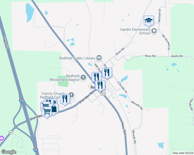 map of restaurants, bars, coffee shops, grocery stores, and more near 206 Northwest Railroad Street in Redfield