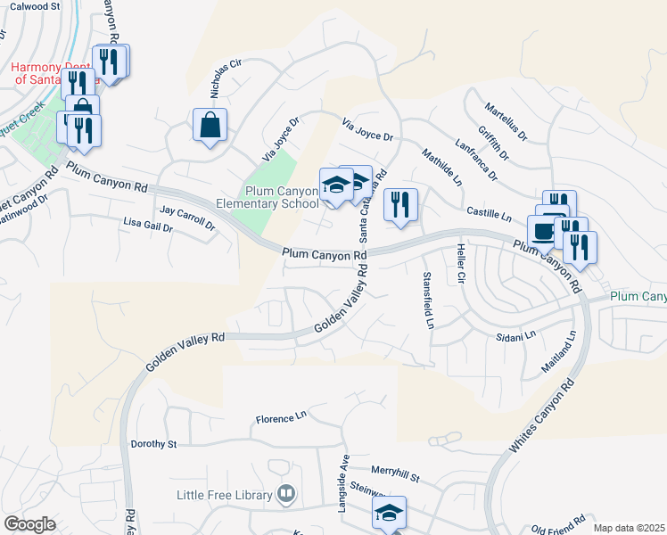 map of restaurants, bars, coffee shops, grocery stores, and more near 20000 Plum Canyon Road in Santa Clarita