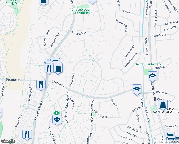map of restaurants, bars, coffee shops, grocery stores, and more near 27624 Deerfield Lane in Santa Clarita