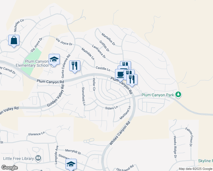 map of restaurants, bars, coffee shops, grocery stores, and more near 28448 Mirabelle Lane in Santa Clarita