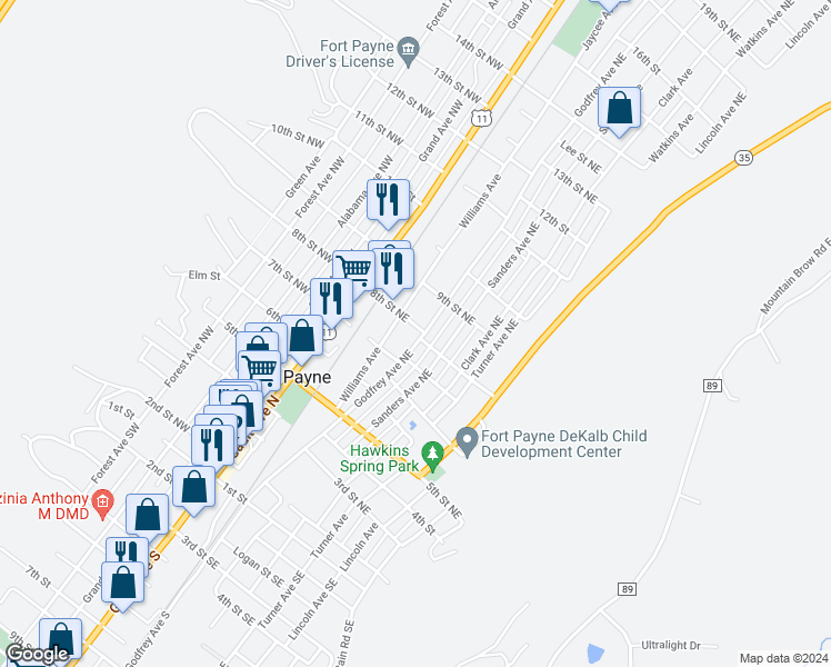 map of restaurants, bars, coffee shops, grocery stores, and more near 708 Godfrey Avenue Northeast in Fort Payne