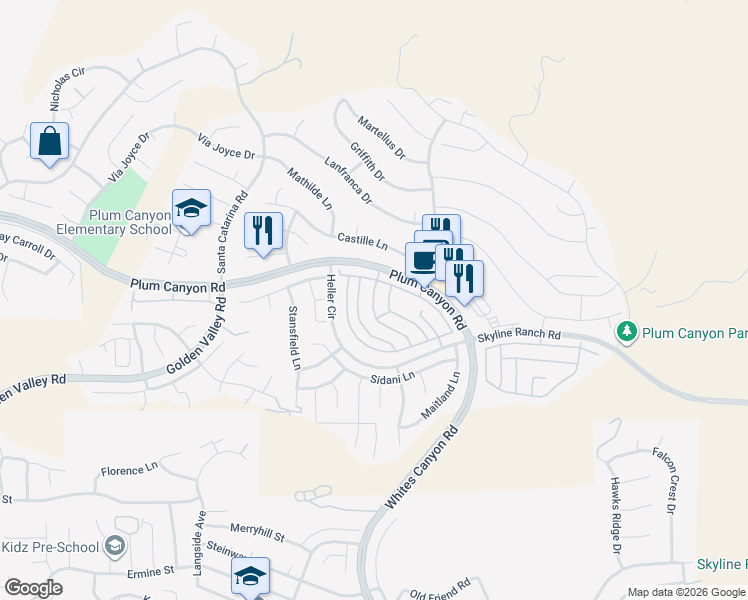 map of restaurants, bars, coffee shops, grocery stores, and more near 28432 Santa Rosa Lane in Santa Clarita