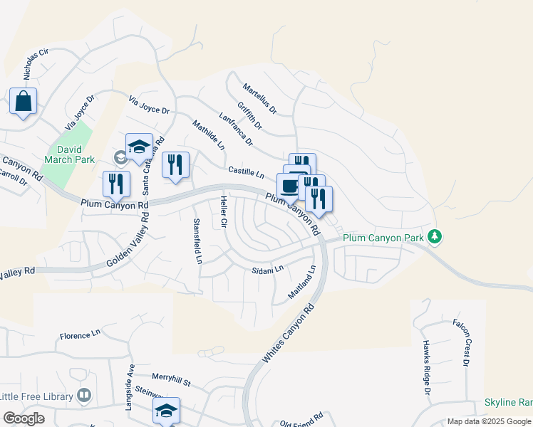 map of restaurants, bars, coffee shops, grocery stores, and more near 28427 Casselman Lane in Santa Clarita