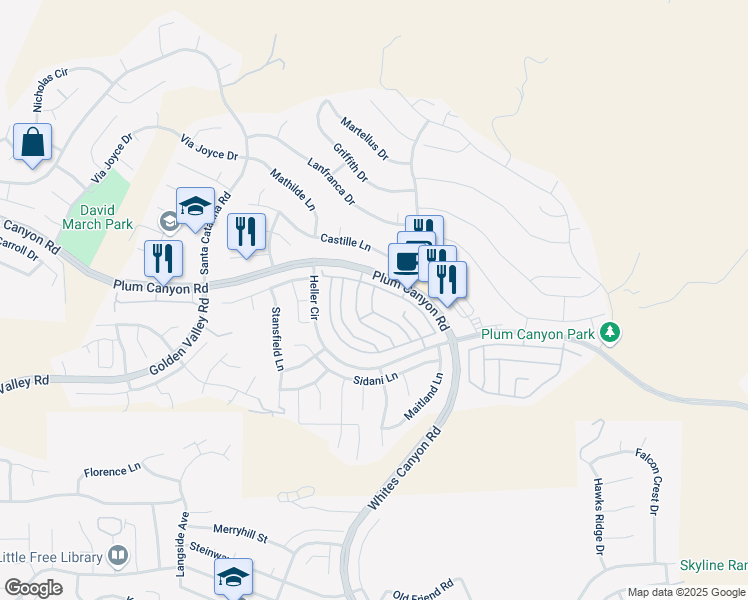 map of restaurants, bars, coffee shops, grocery stores, and more near 28437 Casselman Lane in Santa Clarita