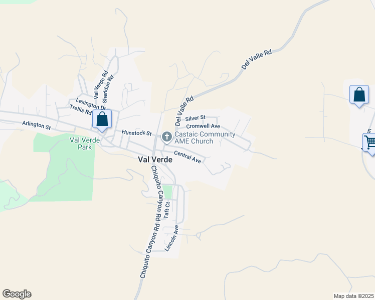 map of restaurants, bars, coffee shops, grocery stores, and more near Driver Avenue in Val Verde