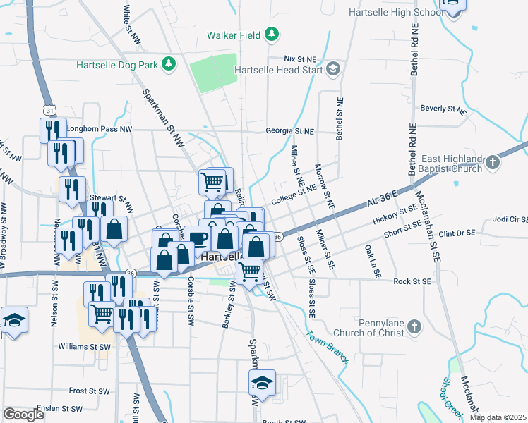 map of restaurants, bars, coffee shops, grocery stores, and more near 200 College Street Northeast in Hartselle