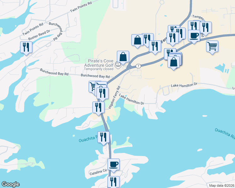 map of restaurants, bars, coffee shops, grocery stores, and more near 133 Lakepointe Cove in Hot Springs