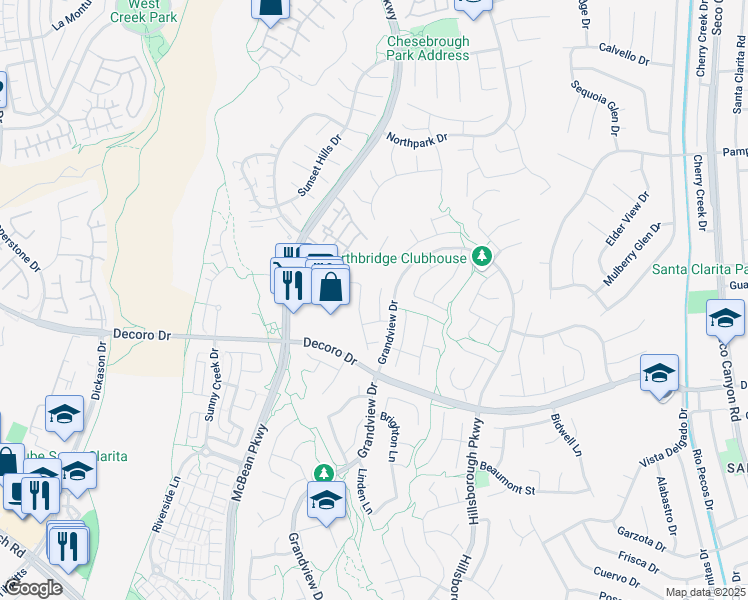map of restaurants, bars, coffee shops, grocery stores, and more near 27623 Yardley Way in Santa Clarita