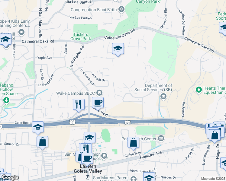 map of restaurants, bars, coffee shops, grocery stores, and more near 413 Grenoble Road in Santa Barbara