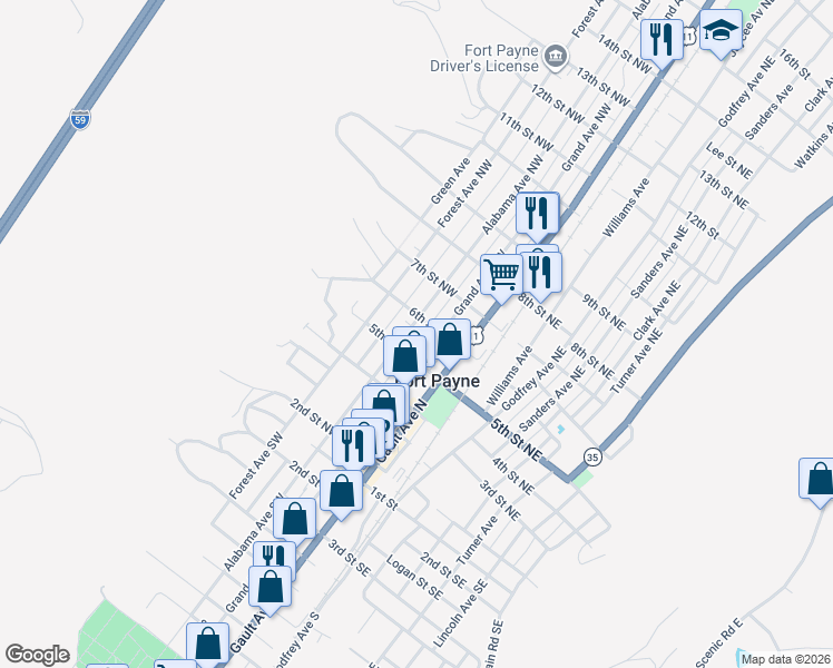 map of restaurants, bars, coffee shops, grocery stores, and more near 206 16th Street Northwest in Fort Payne