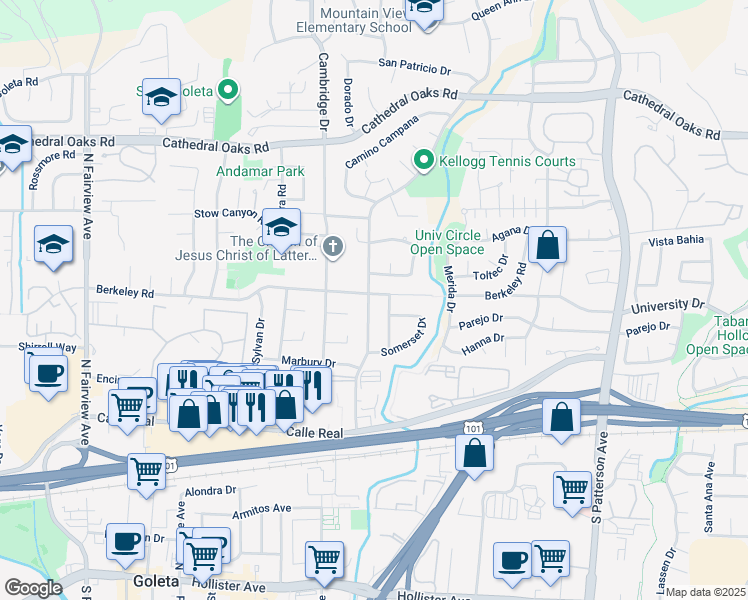 map of restaurants, bars, coffee shops, grocery stores, and more near 398 North Kellogg Avenue in Goleta
