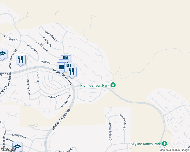 map of restaurants, bars, coffee shops, grocery stores, and more near 19032 Carranza Lane in Santa Clarita