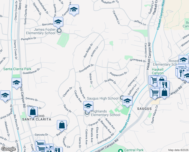 map of restaurants, bars, coffee shops, grocery stores, and more near 27572 Artine Drive in Santa Clarita