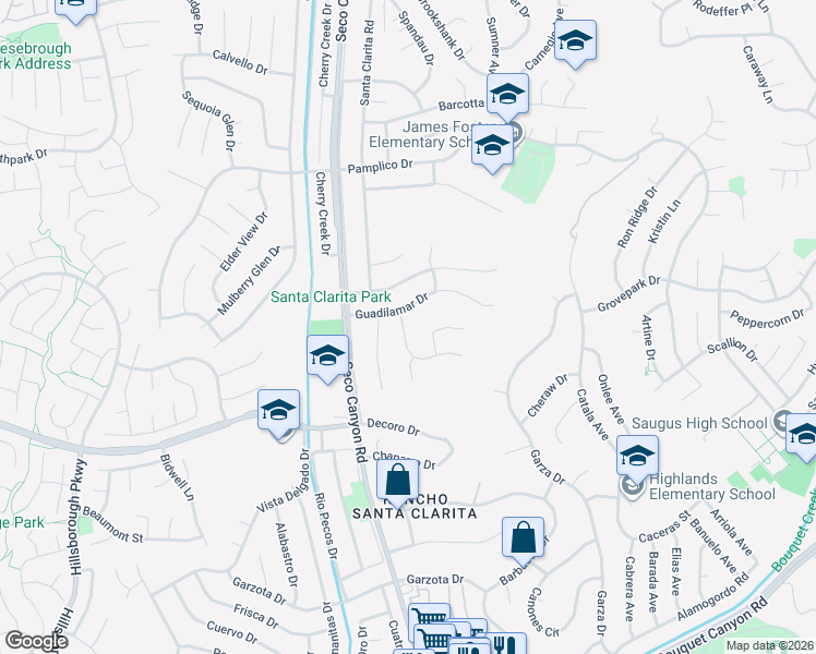 map of restaurants, bars, coffee shops, grocery stores, and more near 22561 Tula Drive in Santa Clarita