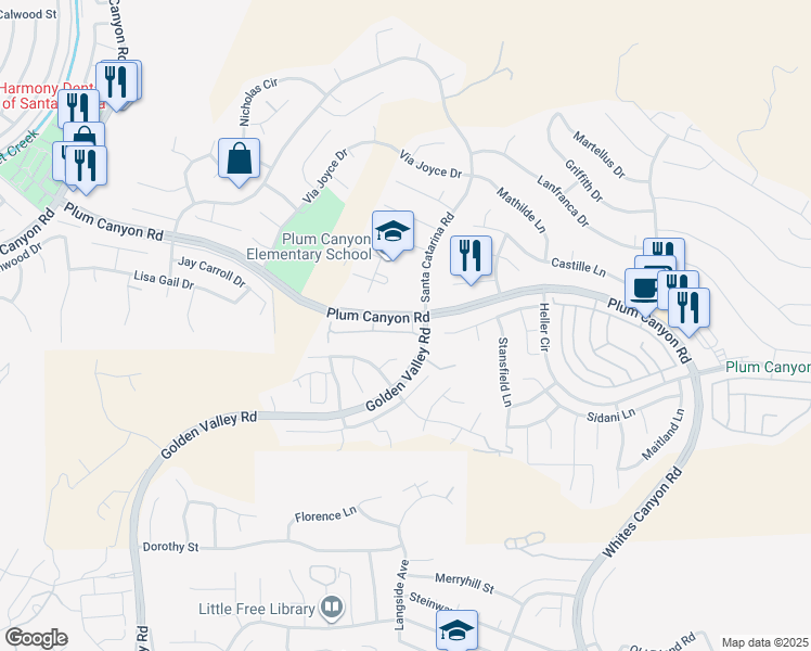 map of restaurants, bars, coffee shops, grocery stores, and more near 20000 Plum Canyon Road in Santa Clarita