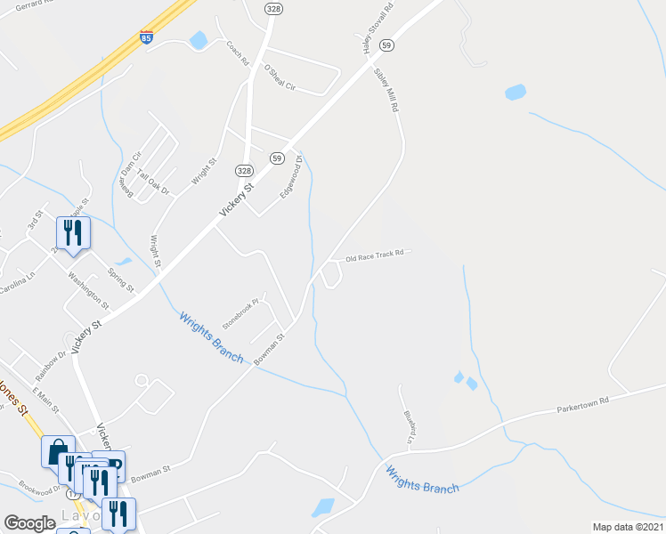 map of restaurants, bars, coffee shops, grocery stores, and more near 141 Victoria Lane in Lavonia