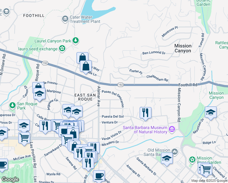 map of restaurants, bars, coffee shops, grocery stores, and more near 456 Paseo Del Descanso in Santa Barbara