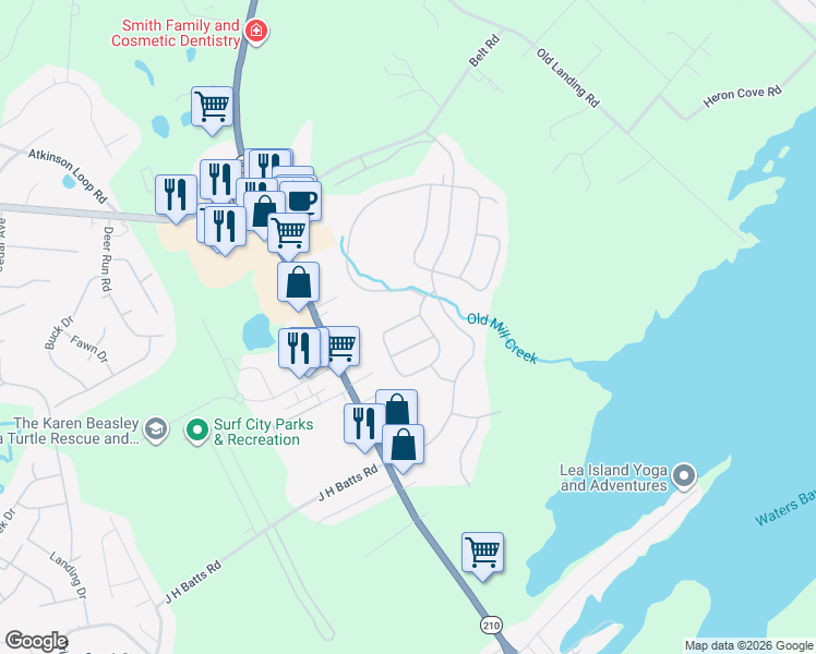 map of restaurants, bars, coffee shops, grocery stores, and more near 210 Airlie Vista Lane in Holly Ridge