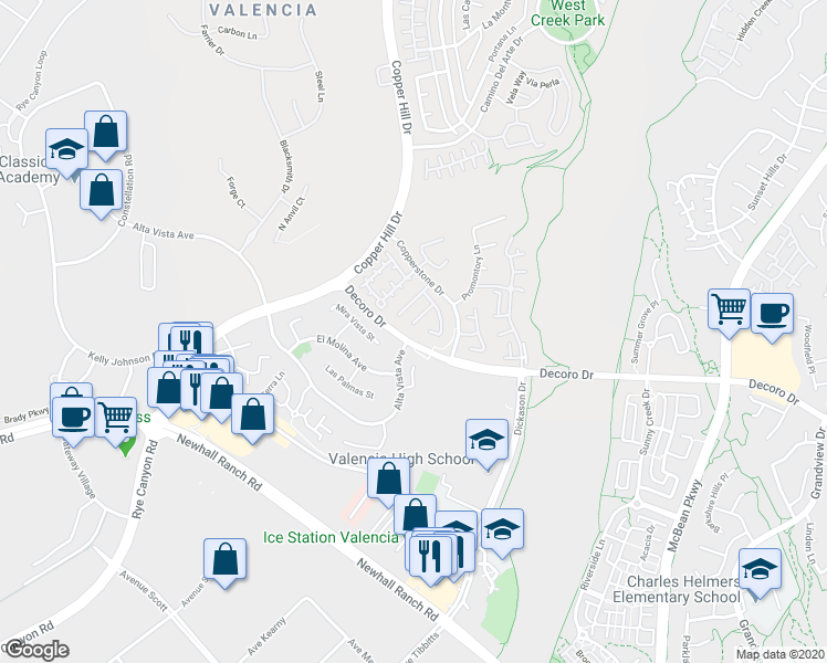 map of restaurants, bars, coffee shops, grocery stores, and more near 24336 Caladium Place in Santa Clarita