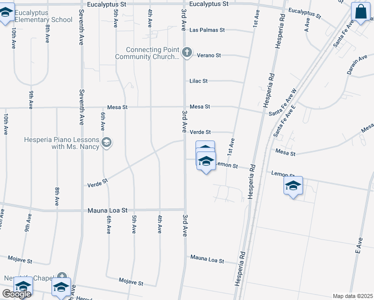 map of restaurants, bars, coffee shops, grocery stores, and more near 10715 3rd Avenue in Hesperia