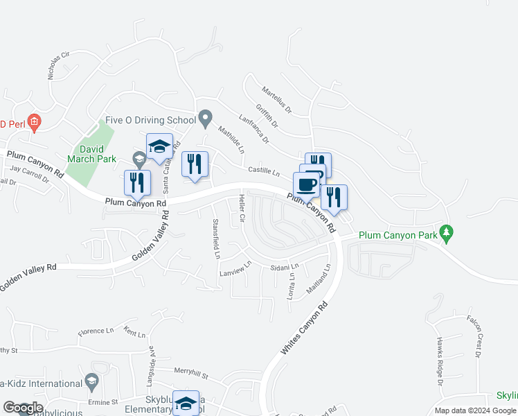 map of restaurants, bars, coffee shops, grocery stores, and more near 28454 Santa Rosa Lane in Santa Clarita